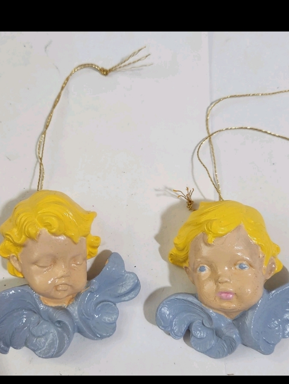 Set Of 2 Scioto Vintage 1980s Hand Painted Angel Cherub Christmas Ornaments